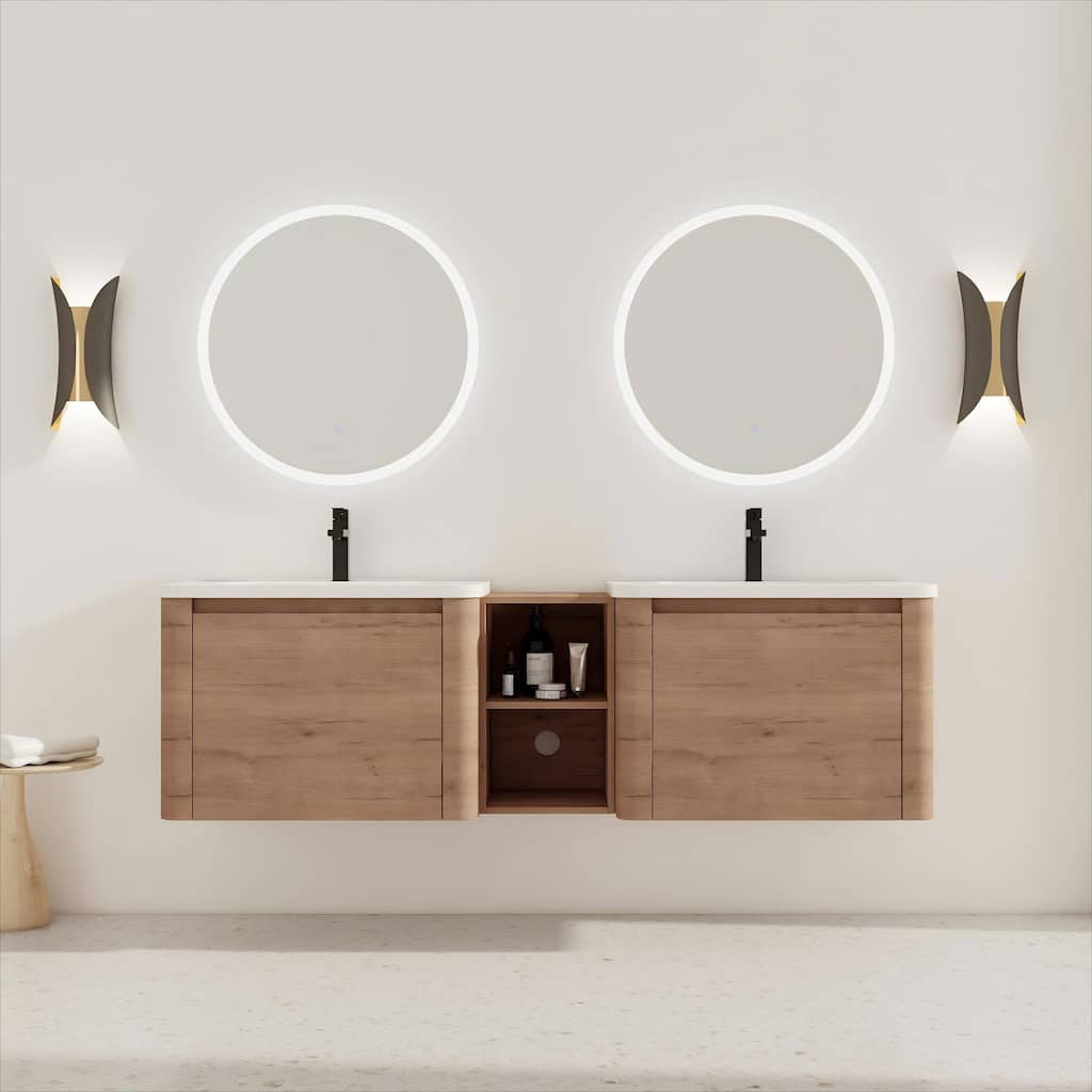 68'' Wall-Mounted Bathroom Vanity with White Ceramic Sink and Storage Shelves & 1-Soft-Close Door, KD-Packing, Plywood