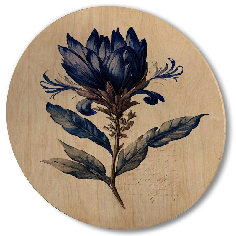 Designart "Blossoming Blue Retro Flower III" Floral Wood Wall Art - Natural Pine Wood