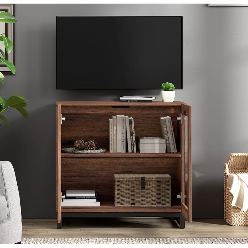 WAMPAT Modern TV Stand with Glass Doors for 110 inch TVs, Entertainment Center Console with Adjustable Shelves and Metal Base
