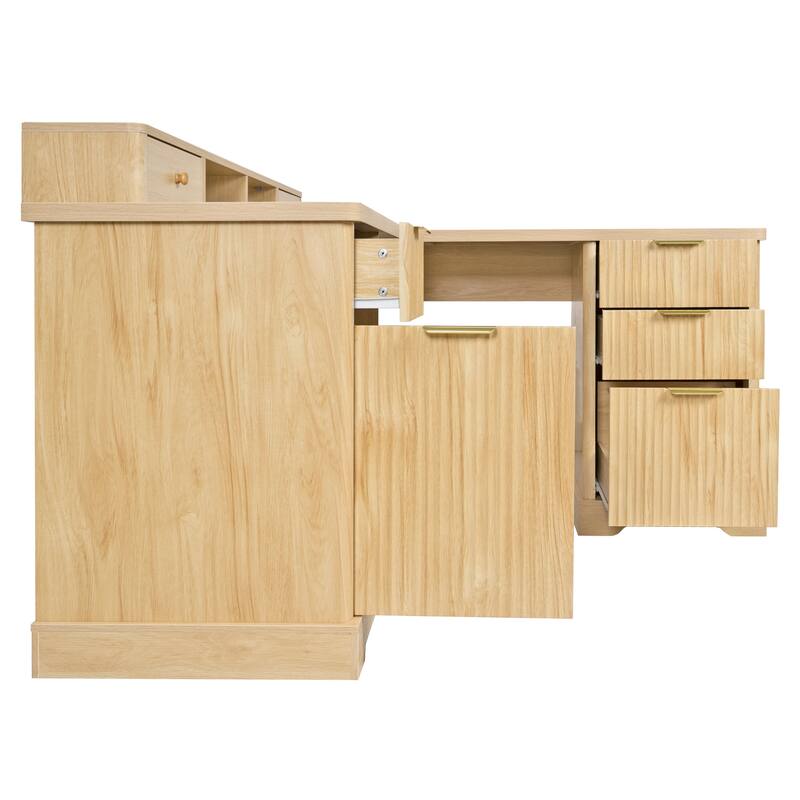 Roomfitters 59" Modern Fluted L-Shaped Desk with Charging Station, Monitor Stand & File Drawer