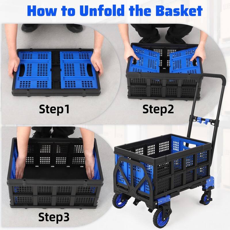 Folding Hand Truck Dolly with Basket, Dolly Cart with Wheels, Convertible Handcart with Retractable Handle
