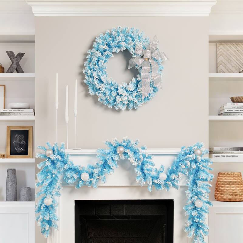 Pre-Lit Flocked Pine Artificial Christmas Wreath - 24" - Sky Blue - Clear Lights