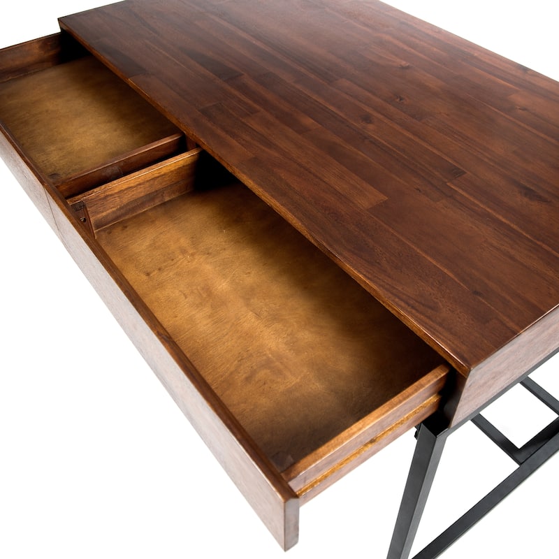 Industrial Office Desk Storage Desk Computer Desk with 2 Large Drawers and Metal Legs, Acacia Wood Top