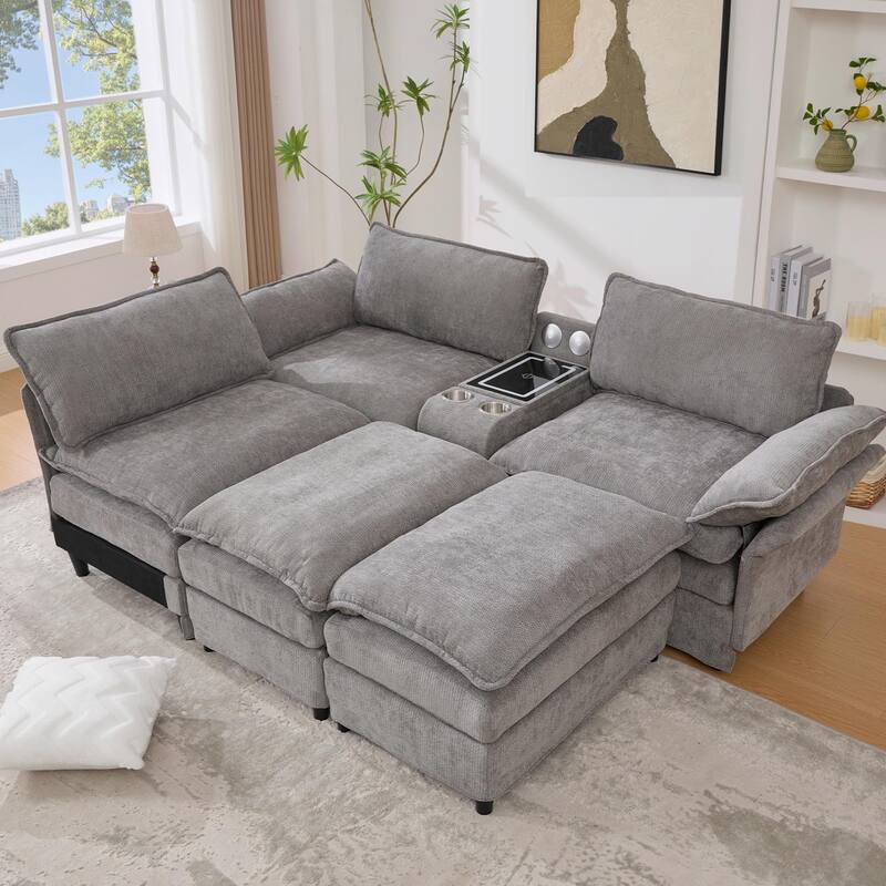 Modular Sectional Sofa, U Shaped Couch with 2 Ottomans, Storage Console & Wireless Charging, 2 Cup Holders, Bluetooth Speakers