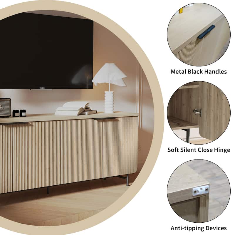 68" Mid-century TV Stand Entertainment Center with Adjustable Shelves 4 Doors & LED Light