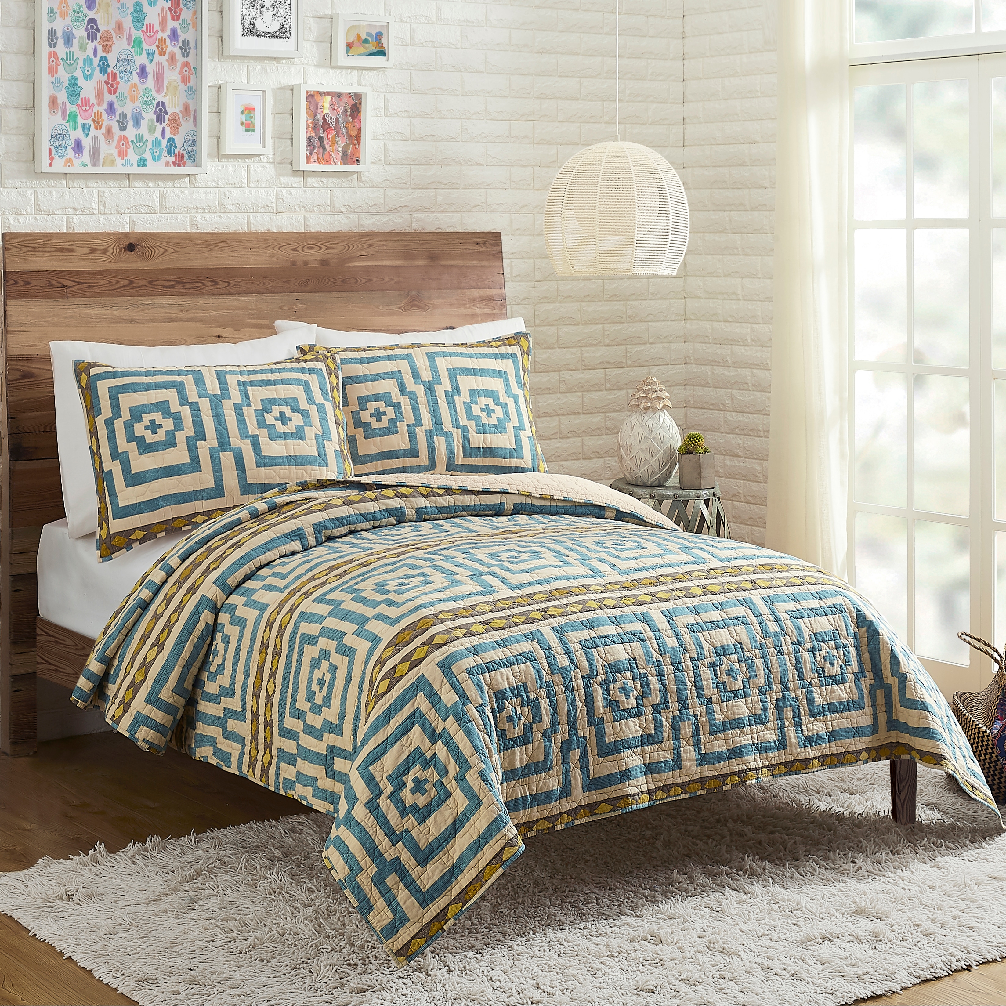 Hypnotic Blue 3-Piece Geometric Cotton Quilt Set by Jungalow