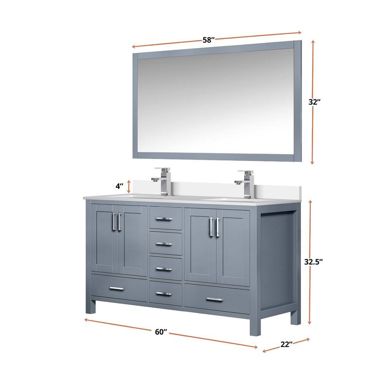 Jacques 60 in. W x 22 in. D Dark Grey Double Bath Vanity, White Quartz Top, Faucet Set, and 58 in. Mirror
