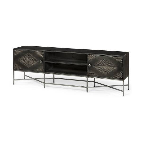 Medium Brown Mango Wood Finish TV Stand Media Console With 4 Doors And 2 Open Shelves