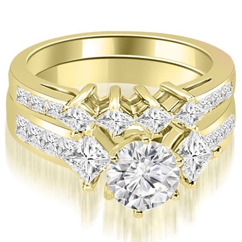 2.85 cttw. 14K Yellow Gold Channel Set Princess and Round Cut Diamond Bridal Set