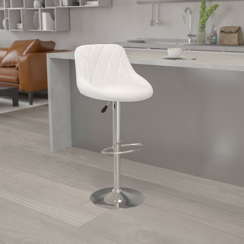 Diamond Pattern Vinyl Bucket Seat Adjustable Barstool - 18.5"W x 19"D x 33.25" - 41.75"H - White