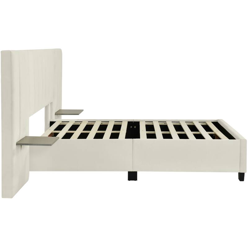 Upholstered Platform Bed with Soft Oversized Headboard and Storage Shelves