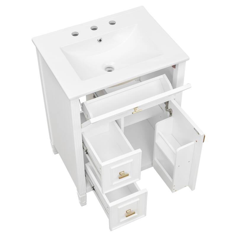 Roomfitters 24" Bathroom Vanity with Sink, Solid Wood Frame, Flip Drawer, 2 Side Drawers & Adjustable Shelf