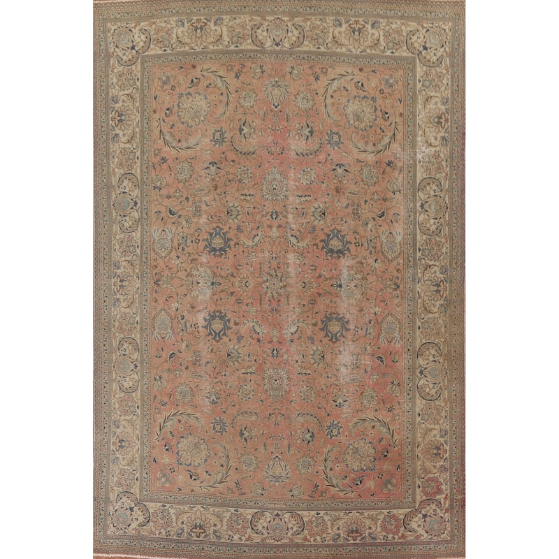 Hand Knotted Oriental 100% Wool Carpet Traditional All-Over Coral Tabriz Area Rug - 12' 6'' X 9' 2''
