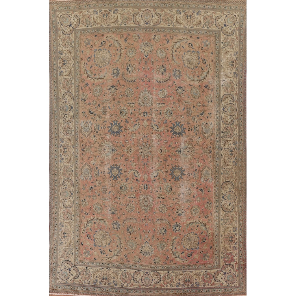 Hand Knotted Oriental 100% Wool Carpet Traditional All-Over Coral Tabriz Area Rug - 12' 6'' X 9' 2''