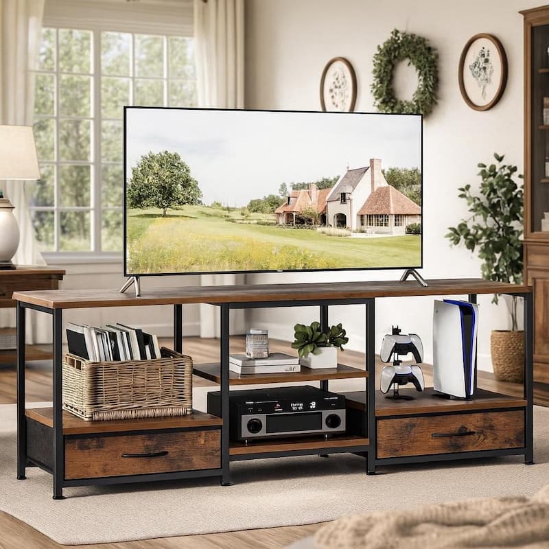 TV Stand with Fabric Drawers, TV - Entertainment Center and Industrial TV Console Table with Open Storage Shelves
