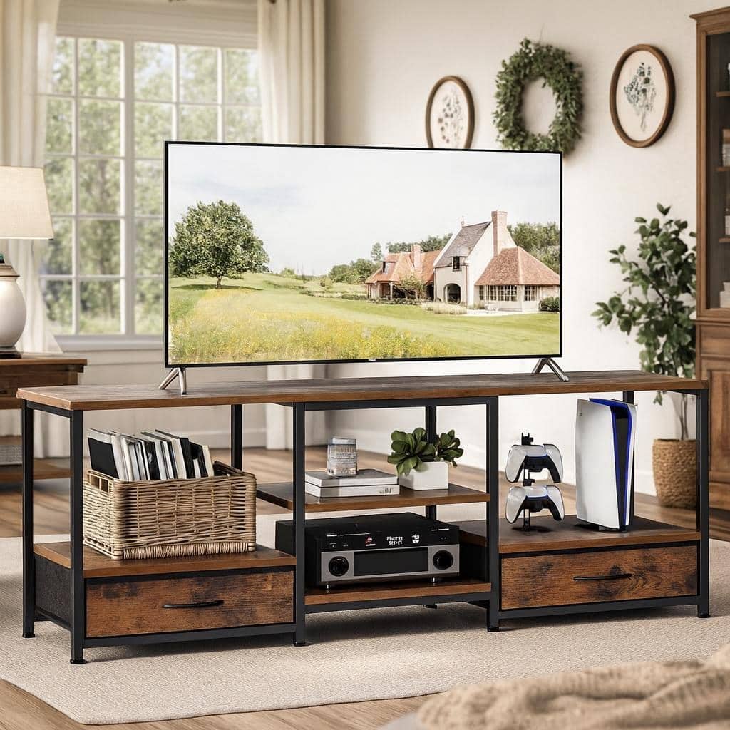 TV Stand with Fabric Drawers, TV - Entertainment Center and Industrial TV Console Table with Open Storage Shelves