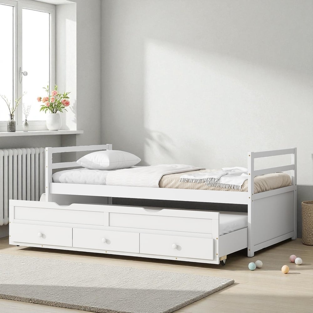 Twin Size Bed with Headboard, Footboard, Trundle, and Three Storage Drawers, Solid Pine Wood Twin Bed Frame with Storage
