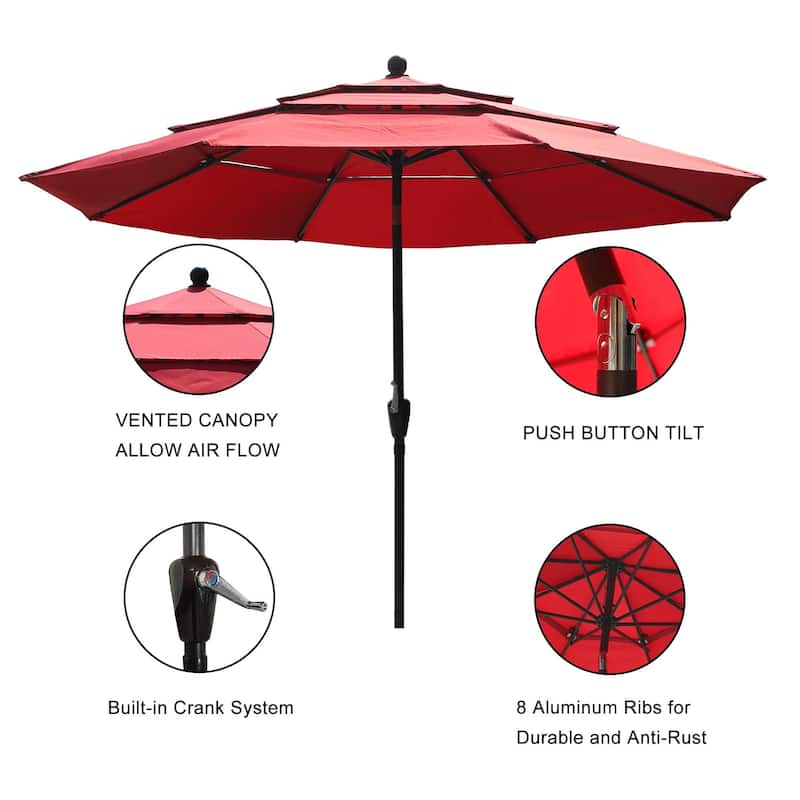 Clihome 10FT 3-Tiers Vented Round Market Umbrella with Crank Lift