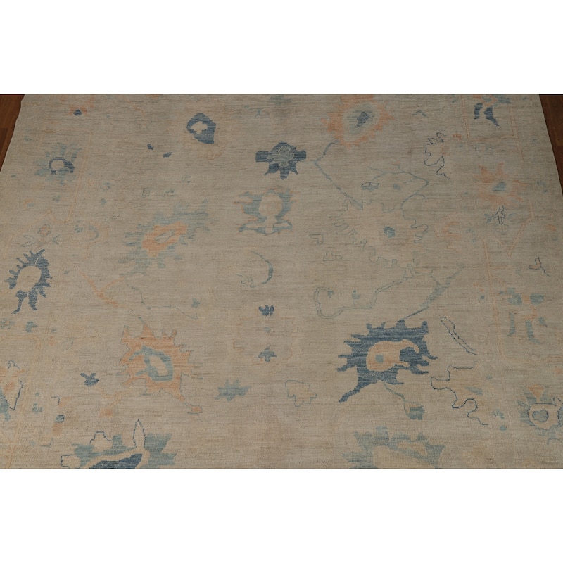 Beige Oushak Turkish Rug Hand-Knotted Transitional Wool Carpet - 9'2"x 11'3"