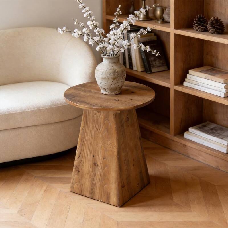 Solid Wood End Table for Living Room, 19" Round Side Table with Trapezoid Base - 18.8" D × 18.8" W × 23.22" H