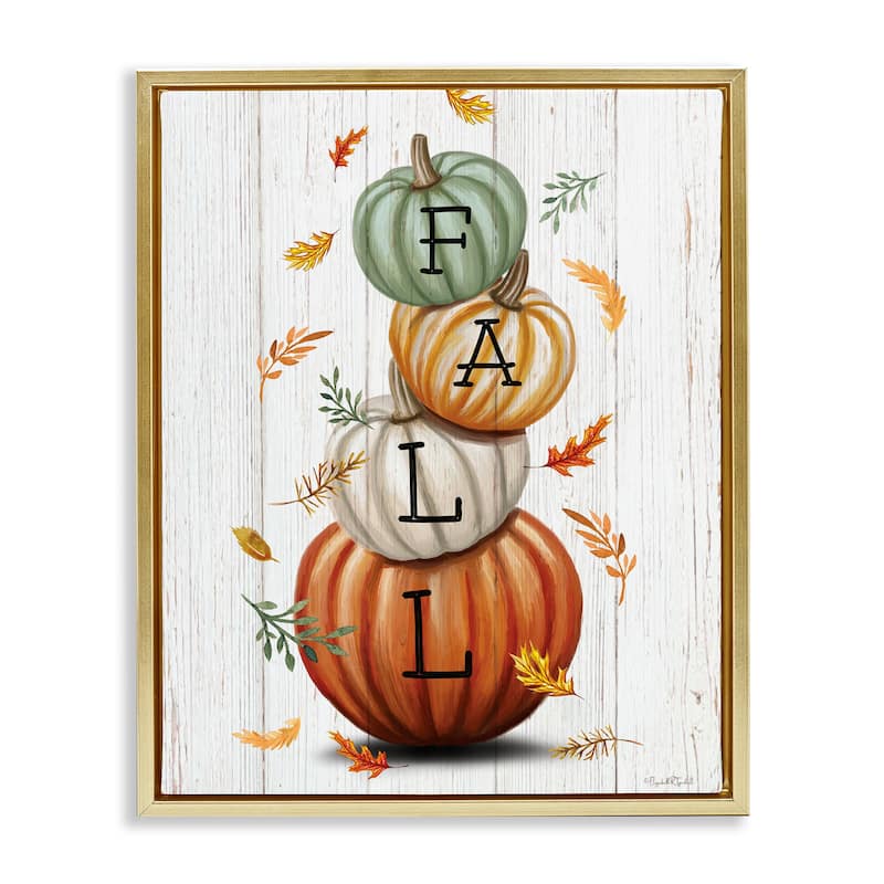 Stupell Falling Leaves & Pumpkin Stack Framed Floater Canvas Wall Art Design By Elizabeth Tyndall - 25 x 31 - Gold