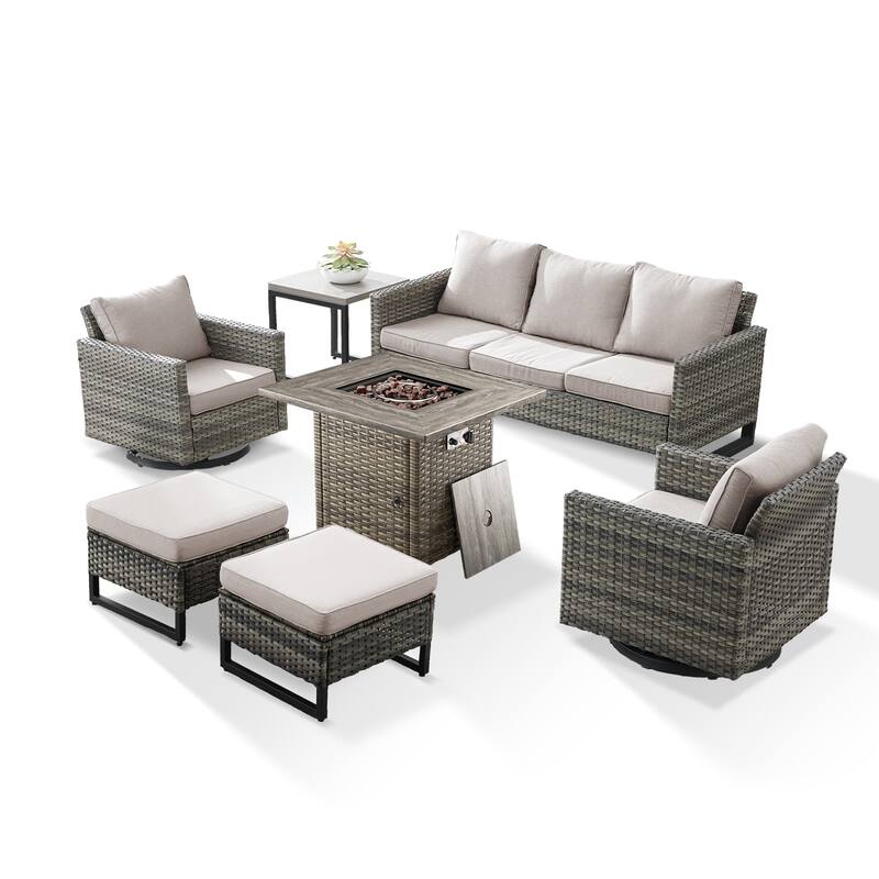 7 Pieces Fire Pit Table with Sofa Swivel Chair Ottoman Set