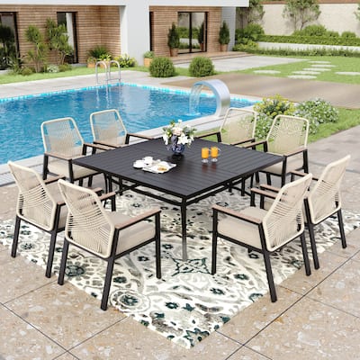 MAISON ARTS 9 Pieces Outdoor Patio Dining Set with Square Table and Cushioned Woven Rattan Dining Chairs