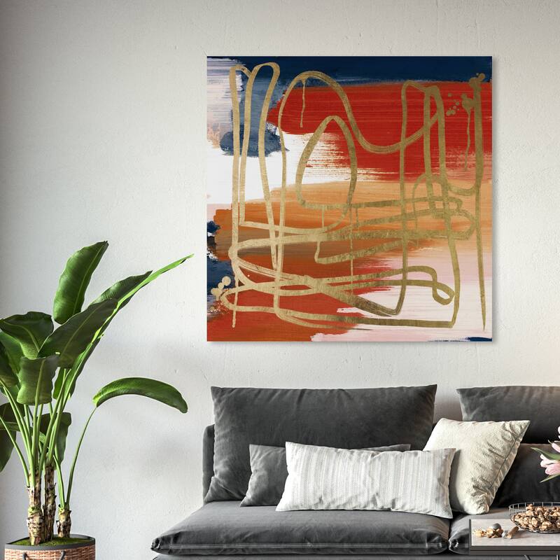 Wynwood Studio Canvas Abstract Crossing The Line Fall Red and Metallic Gold Modern & Contemporary Wall Art Canvas Print - 40 x 40