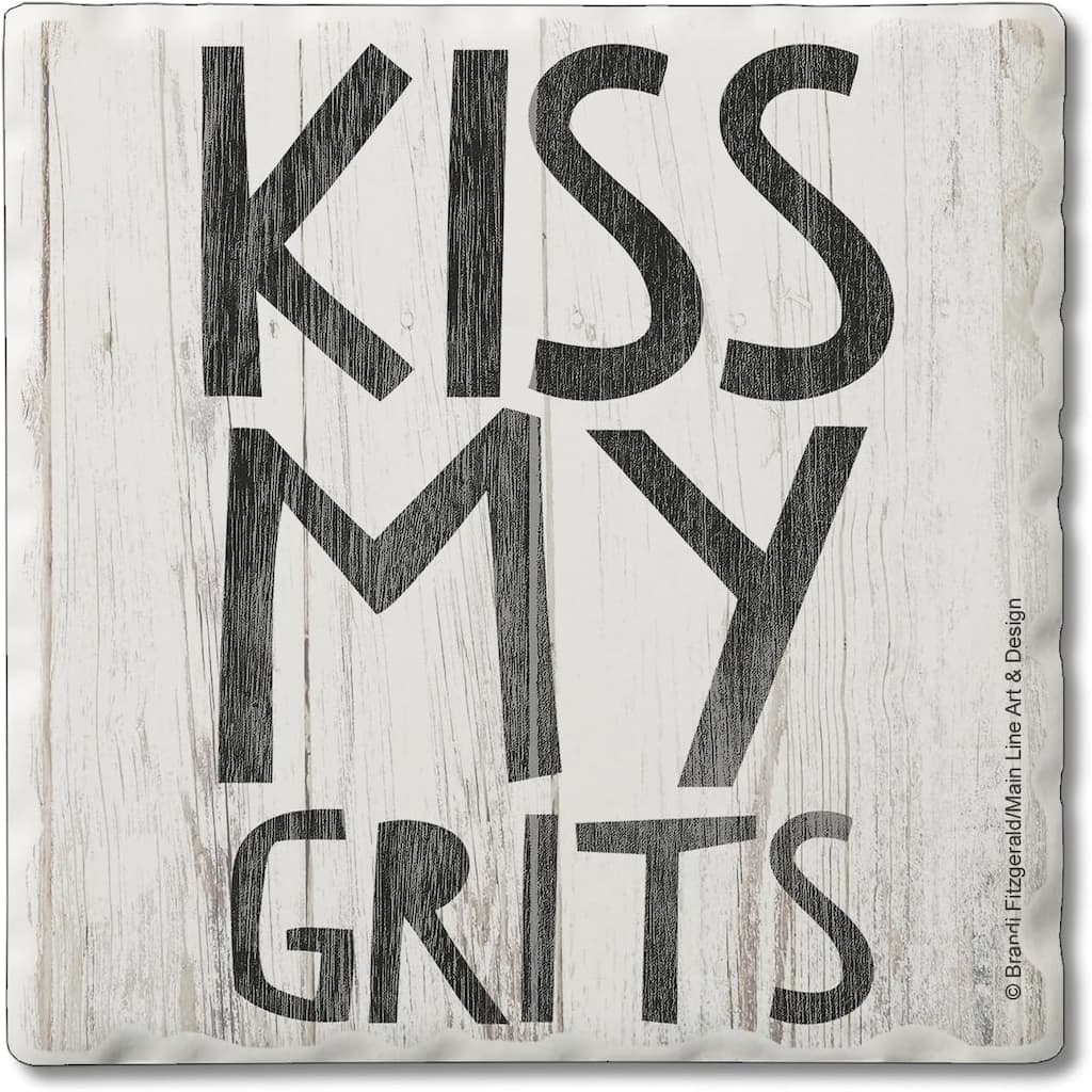 Kiss My Grits 4 Pack Single Absorbent Stone Coaster with Protective Cork Backing Made in The USA 4" Square, Easily Wipes Clean