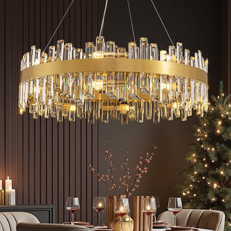 32 in. 2-Tier Modern Crystal Chandelier Brass Gold Round Crystal Raindrop Chandelier Contemporary Pendant Light for Dining Room