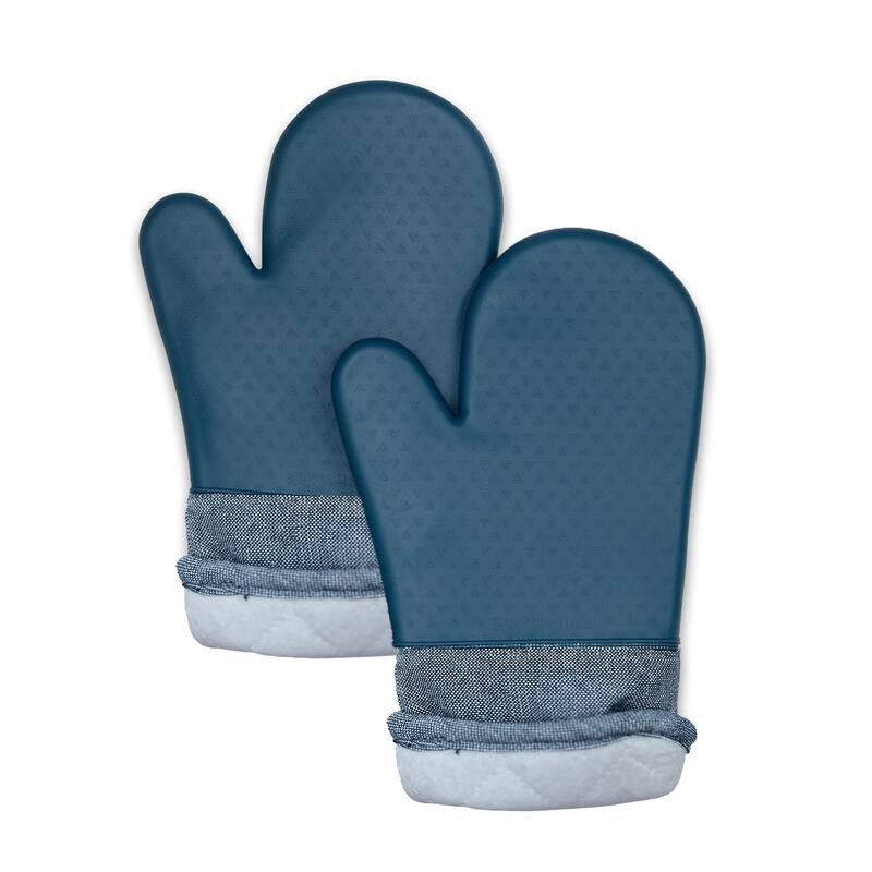 Blue Heat Resistant Thick Soft Quilted Lining Kitchen Oven Glove Mitts With Silicone - 1 pair