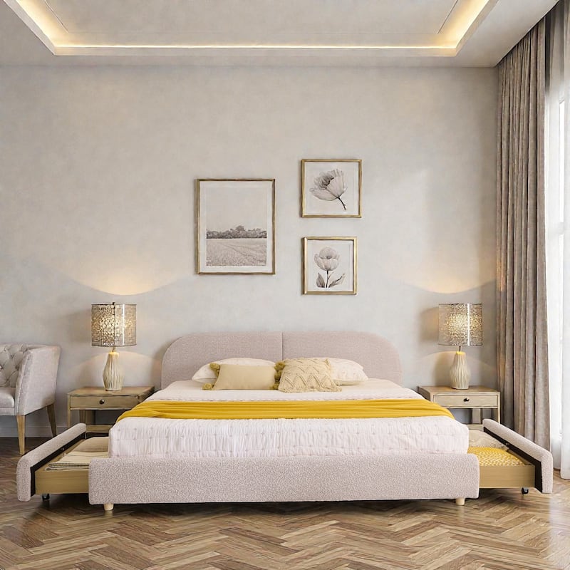 Upholstered Bed Frame with Tall Curved Headboard and Storage Drawers, Modern Minimalist Platform Bed No Box Spring - Pink - King