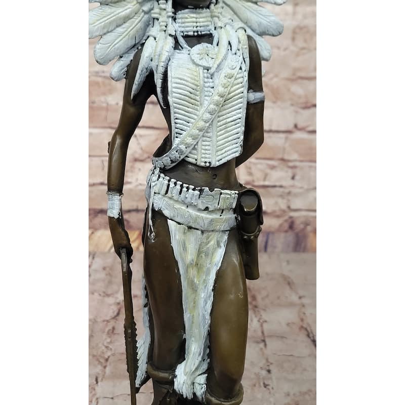 Native American Girl In Feathered Bonnet Bronze Statue Signed Original