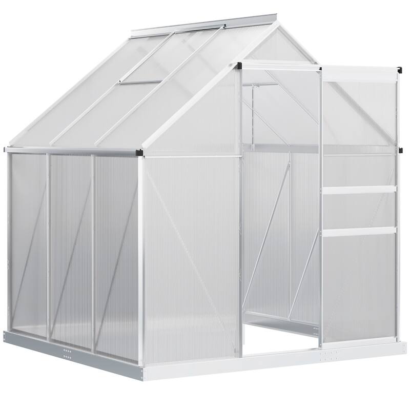 Outsunny Aluminum Greenhouse Polycarbonate Walk-in Garden Greenhouse Kit with Adjustable Roof Vent, Rain Gutter and Sliding Door