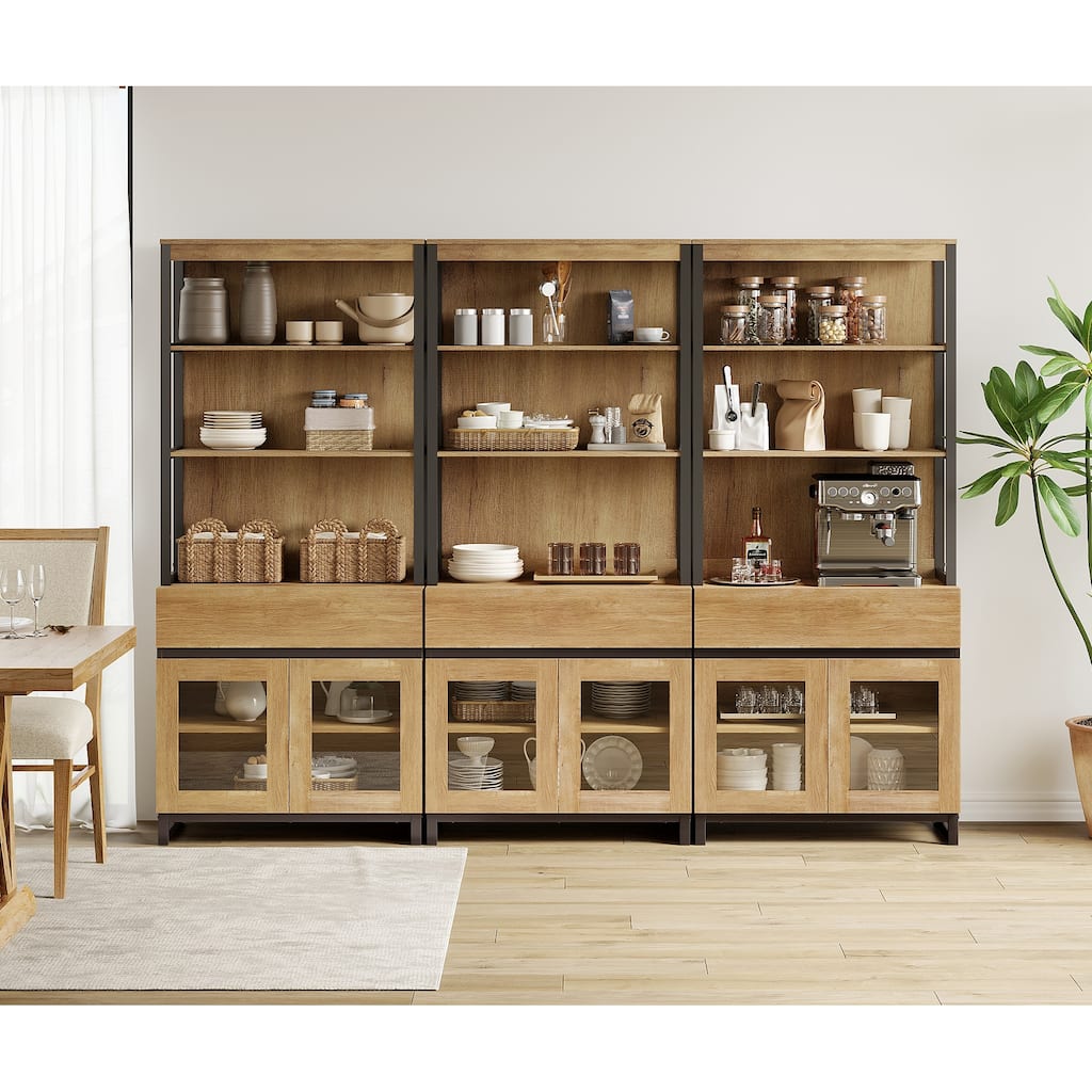 3 PCS Modern 72" Tall Buffet Cabinet with 3 Drawers and Open Shelves, Storage Cabinet for Dining Room or Kitchen