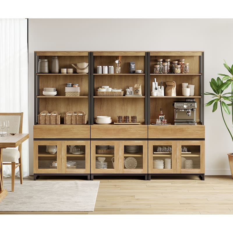 3 PCS Modern 72" Tall Buffet Cabinet with 3 Drawers and Open Shelves, Storage Cabinet for Dining Room or Kitchen - 72inches - Oak