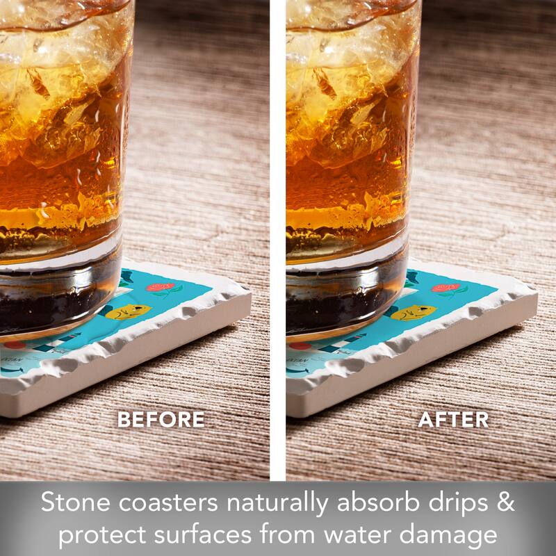 New York Home 4-Pack Absorbent Stone Coasters with Protective Cork Backing 4" Square Made in The USA Artistic Easily Wipes Clean