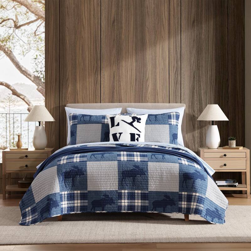 Eddie Bauer Moose Plaid Pinstripe Patchwork Cotton Blue Quilt Set