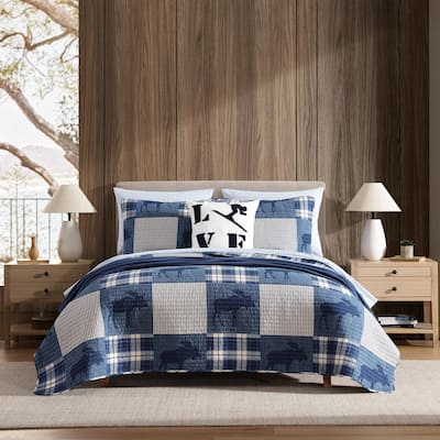 Eddie Bauer Moose Plaid Pinstripe Patchwork Cotton Blue Quilt Set