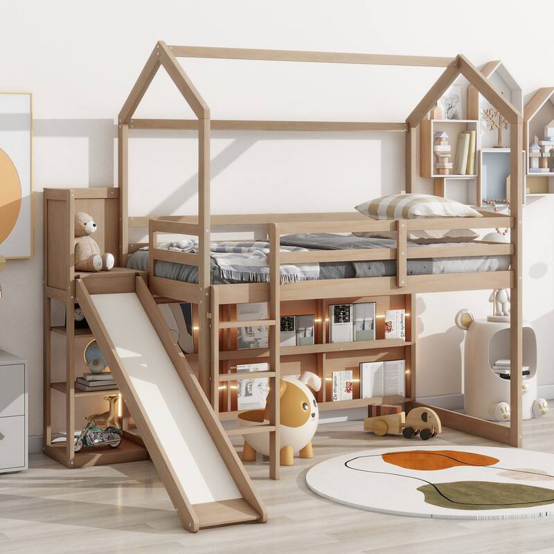 Twin Size Wood Loft Bed with Slide, Storage Shelves, and Climbing Ramp - Wood