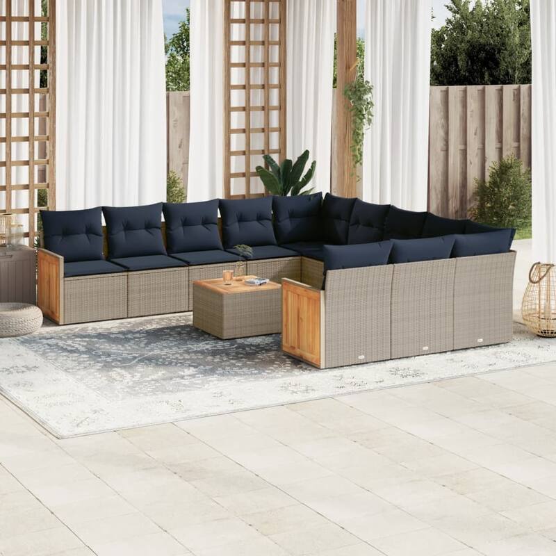 vidaXL 11/12 Piece Patio Sofa Set with Cushions Black/Gray Poly Rattan - 21.7 x 24.4 x 27.2 - Gray With table