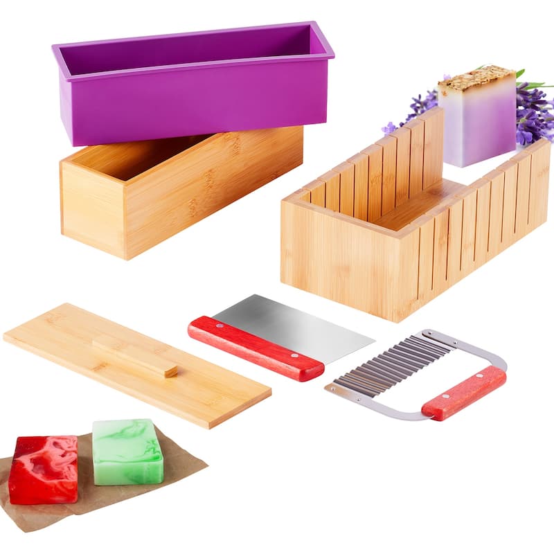 UIMOSO Soap Making Kit, Bamboo Cutting Box and Inner Box with Silicone Mold, Stainless Steel Straight Cutter and Wavy Cutter - Brown