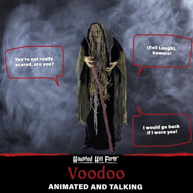 Haunted Hill Farm Life-Size Animatronic Witch, Indoor/Outdoor Halloween Decoration, Light-up White Eyes, Poseable