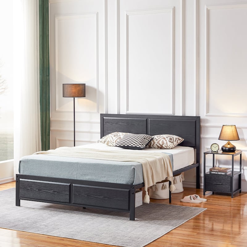 Bedroom Set of 3 Wood Headboard Platform Bed Frame Set of 2 Nightstands with Charging Station USB Port