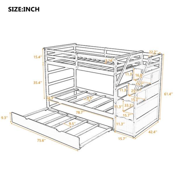 dimension image slide 1 of 2, Twin-Over-Twin Bunk Bed with Twin Size Trundle and 3 Storage Stairs