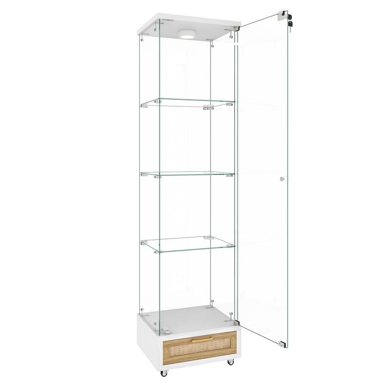 Glass Display Cabinet With Drawer,Cabinet With Led Lights,Tempered Glass Bookshelf, 1-Door Storage Case With 4 Shelves