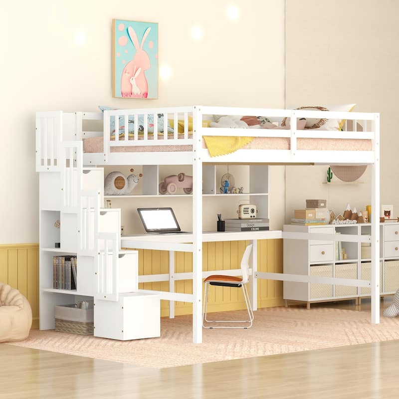 Full Size Loft Bed with Built-in Desk, Bookshelves, and Storage Staircase in White