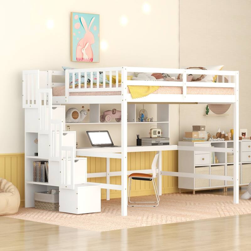 Full Size Loft Bed with Display Stand Desk Underneath, Wood High Loft Bed Frame with Storage Staircase and Storage Shelves - White - Full