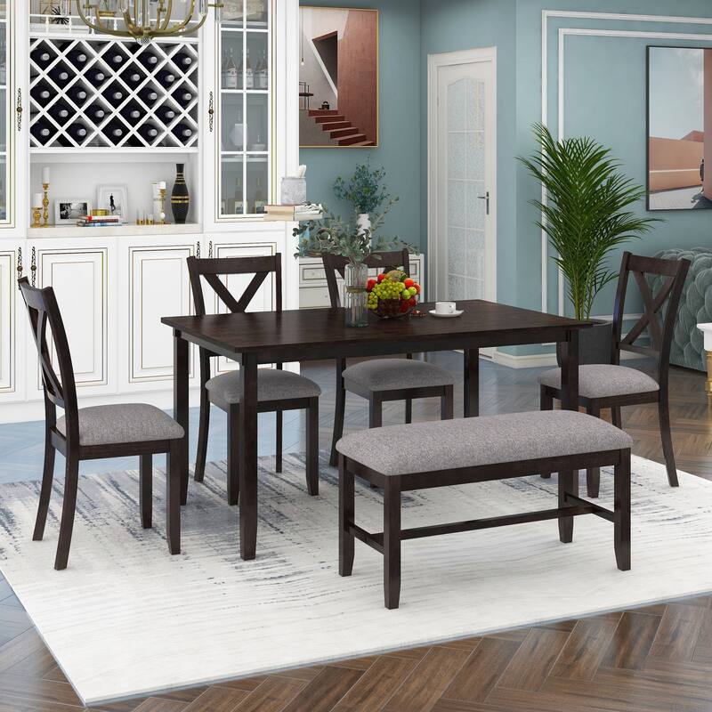 Traditional 6-Piece Wooden Dining Table Set with 4 Upholstered Chairs and Bench