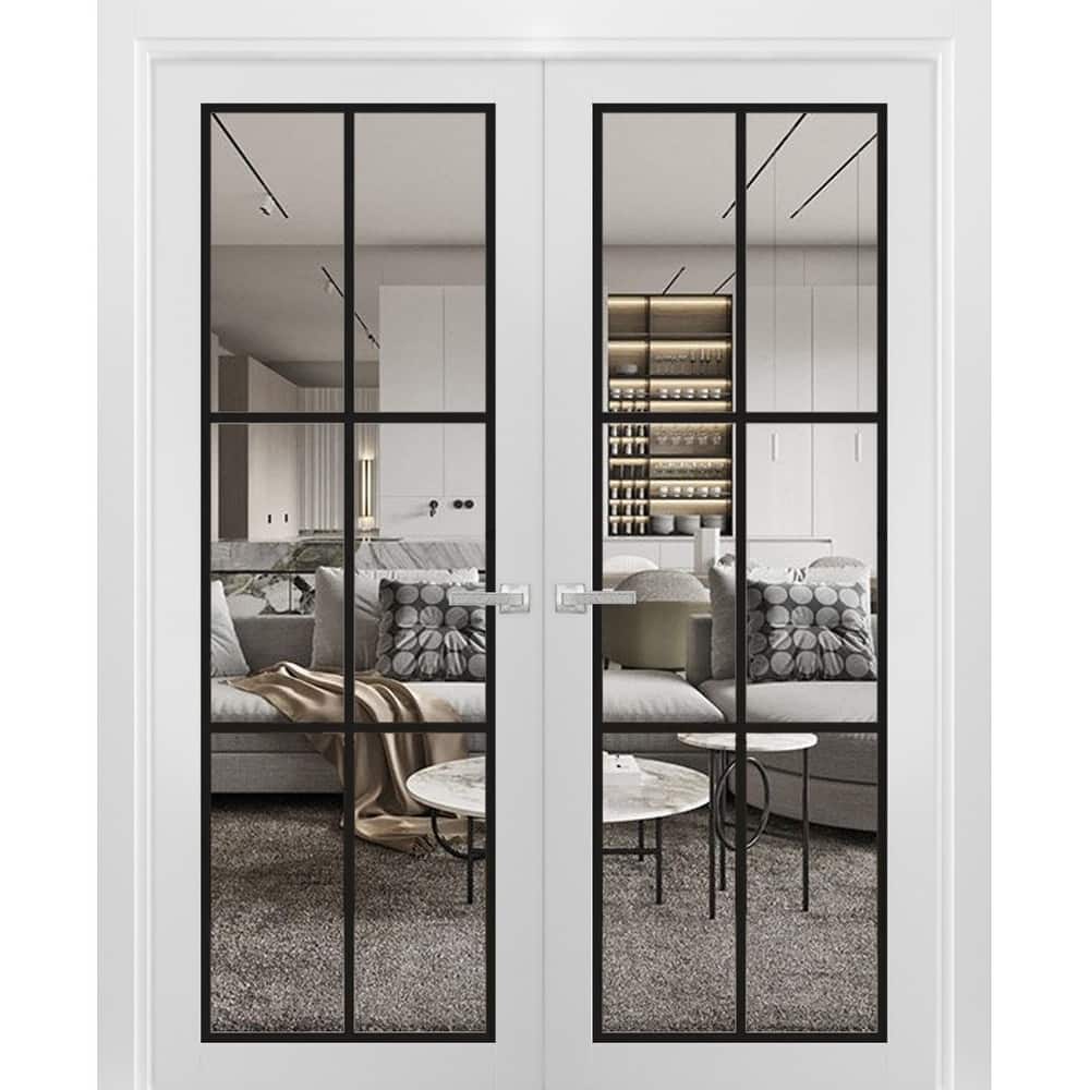 Solid French Double Doors 36 x 80 Lucia 2366 White Silk Clear Glass